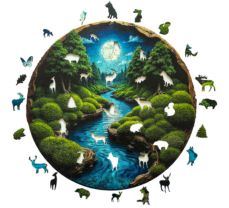 Moon night - moss - Wooden Jigsaw Puzzle