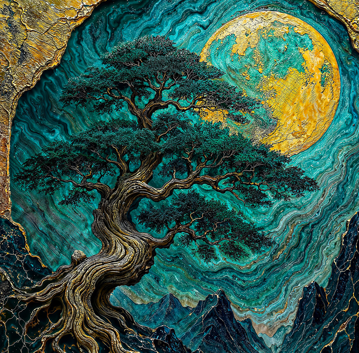 Zlatý HDF obraz - Pine Tree of Life - Zlatý měsíc