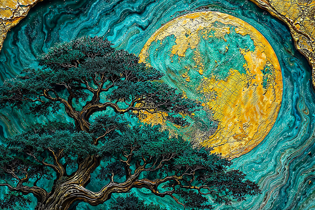 Zlatý HDF obraz - Pine Tree of Life - Zlatý měsíc
