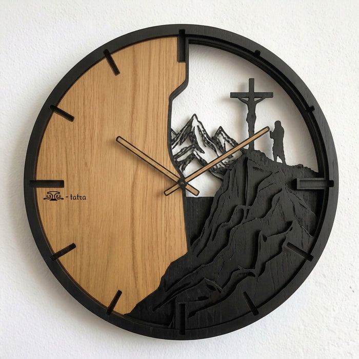 3D Dřevěné dubové hodiny - Kříž a hory - 30cm/50cm/84cm