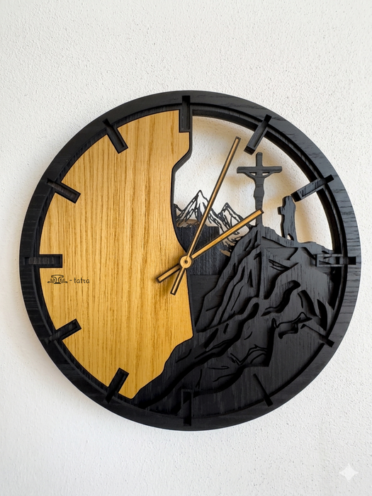 3D Dřevěné dubové hodiny - Kříž a hory - 30cm/50cm/84cm