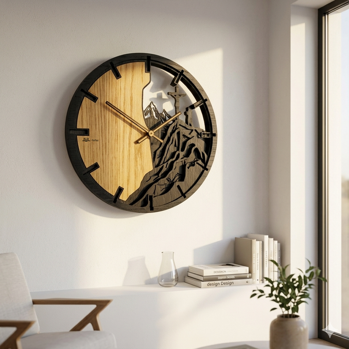 3D Dřevěné dubové hodiny - Kříž a hory - 30cm/50cm/84cm