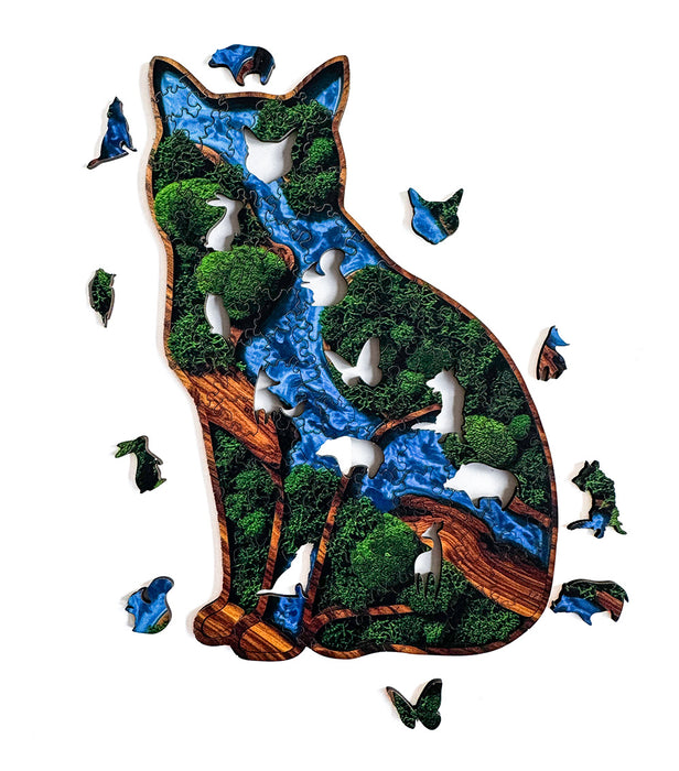 Kočka - mech - Dřevěné puzzle