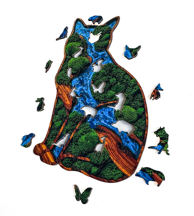 Kočka - mech - Dřevěné puzzle