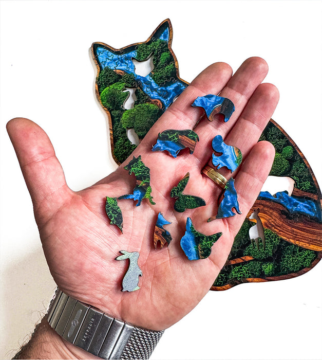 Kočka - mech - Dřevěné puzzle