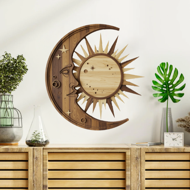 Wooden Wall Decor - Moon and Sun - wooden style