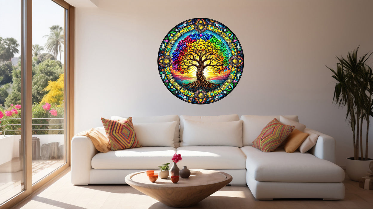 Dřevěná barevná nástěnná dekorace - Mandala Strom života Glassy