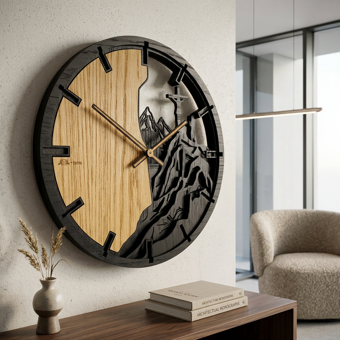 3D Dřevěné dubové hodiny - Kříž a hory - 30cm/50cm/84cm