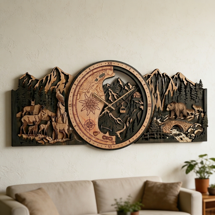 3D Dřevěné dubové hodiny - Horský svět Alpy 30cm-50cm-84cm