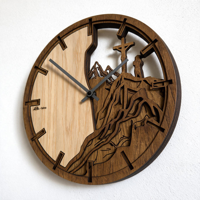 3D Dřevěné dubové hodiny - Kříž a hory Atama - 30cm/50cm/84cm
