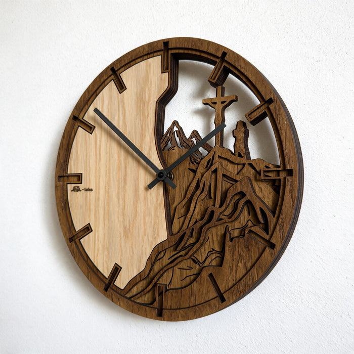 3D Dřevěné dubové hodiny - Kříž a hory Atama - 30cm/50cm/84cm
