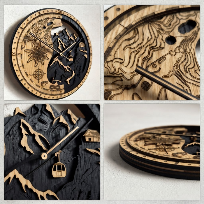 3D Dřevěné dubové hodiny - Horský svět Alpy 30cm-50cm-84cm