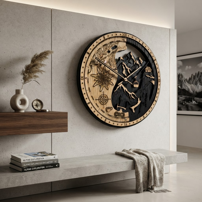 3D Dřevěné dubové hodiny - Horský svět Alpy 30cm-50cm-84cm
