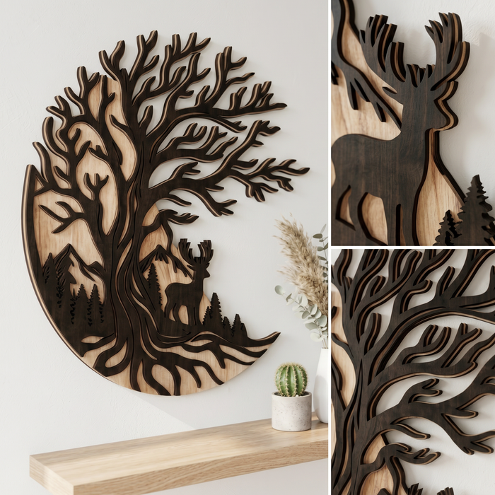 Real Nature oak wood wall decor – Tree of life Willow and deer