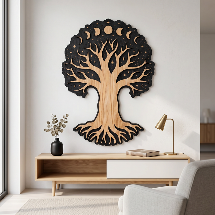 Real Nature oak wood wall decor – Tree of Moon phases