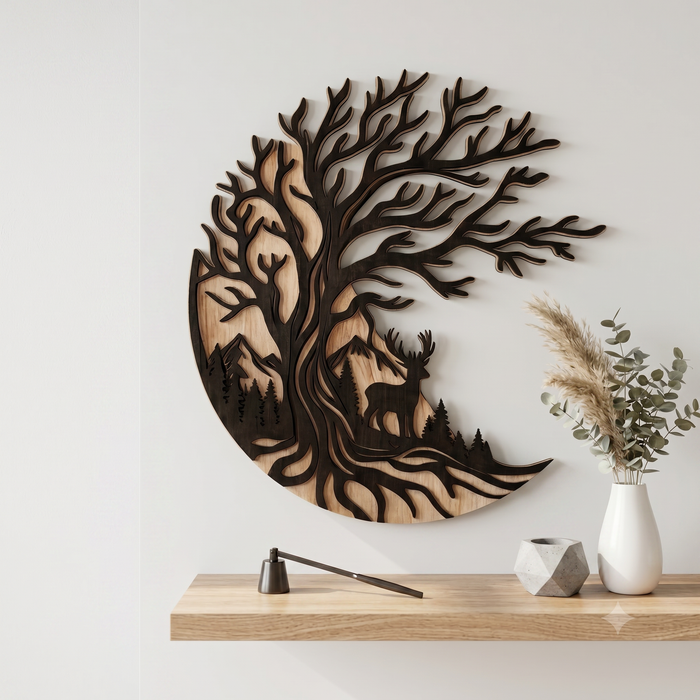 Real Nature oak wood wall decor – Tree of life Willow and deer