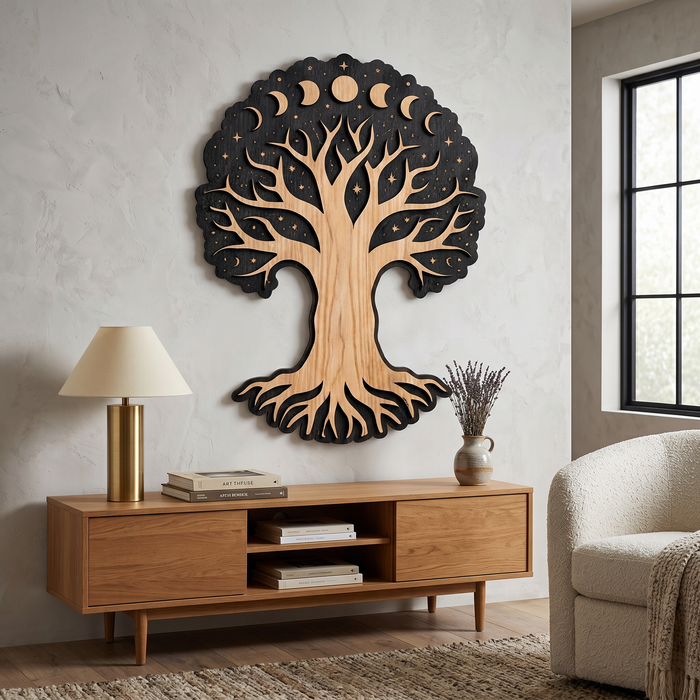 Real Nature oak wood wall decor – Tree of Moon phases