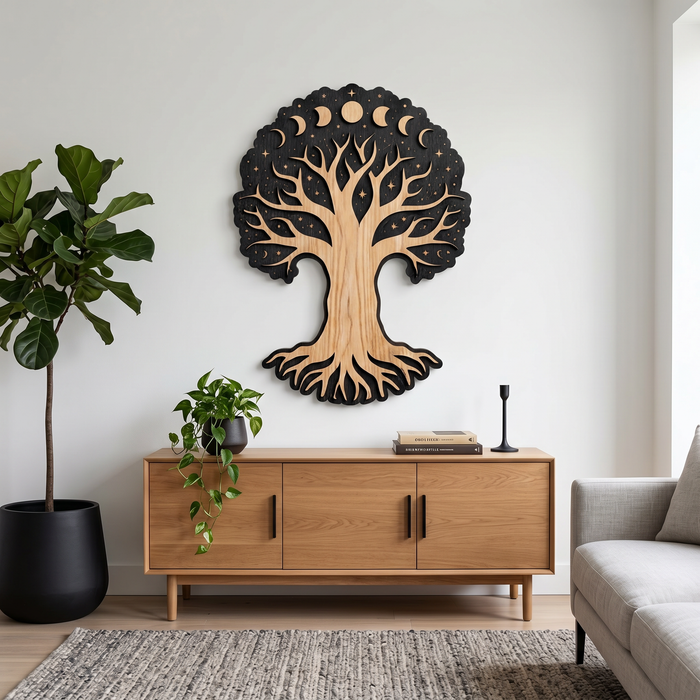 Real Nature oak wood wall decor – Tree of Moon phases