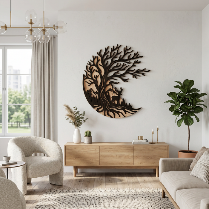 Real Nature oak wood wall decor – Tree of life Willow and deer