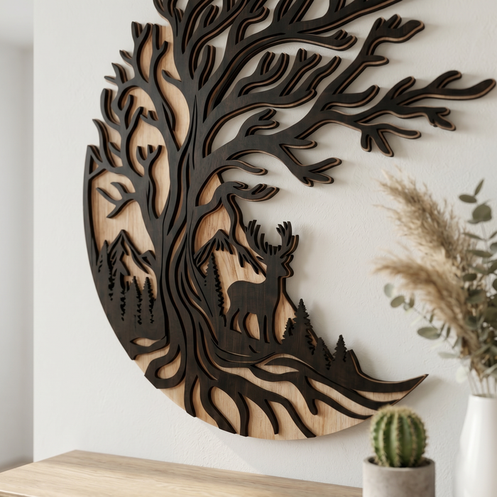 Real Nature oak wood wall decor – Tree of life Willow and deer