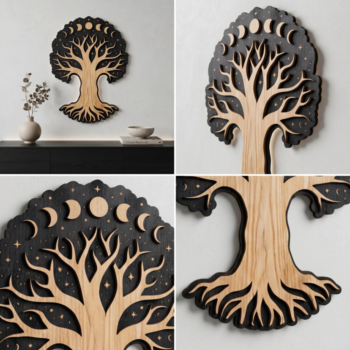 Real Nature oak wood wall decor – Tree of Moon phases