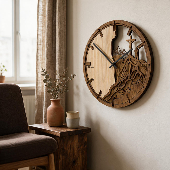 3D Dřevěné dubové hodiny - Kříž a hory Atama - 30cm/50cm/84cm