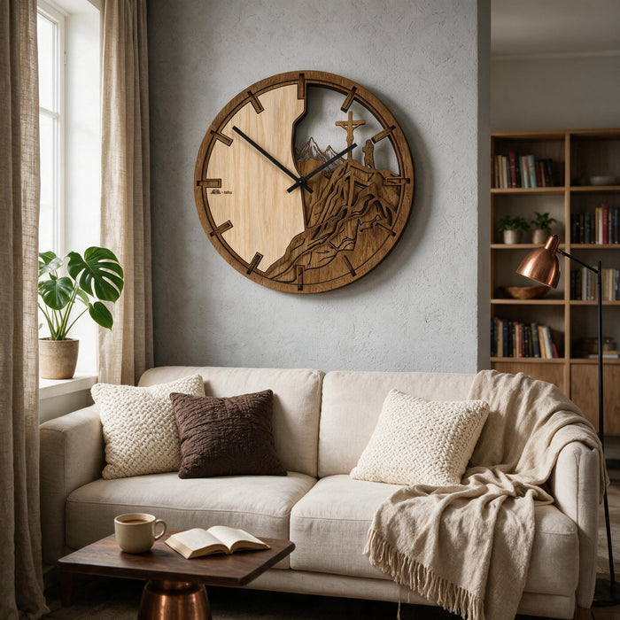 3D Dřevěné dubové hodiny - Kříž a hory Atama - 30cm/50cm/84cm