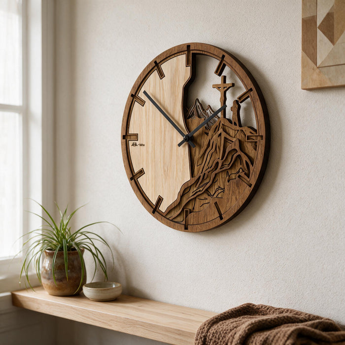 3D Dřevěné dubové hodiny - Kříž a hory Atama - 30cm/50cm/84cm