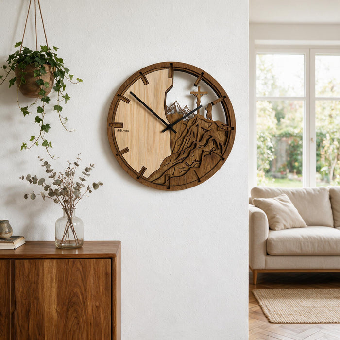 3D Dřevěné dubové hodiny - Kříž a hory Atama - 30cm/50cm/84cm