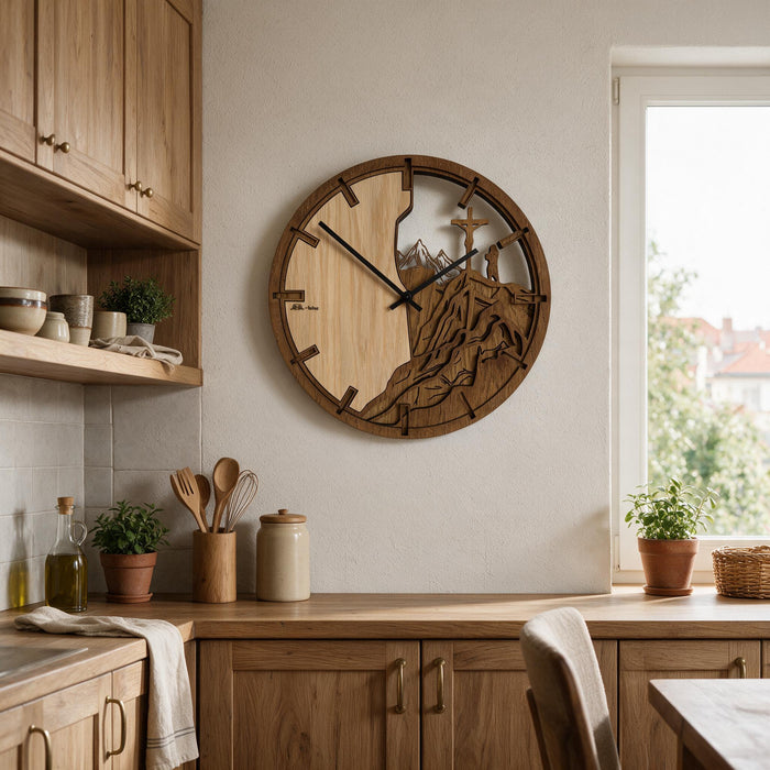 3D Dřevěné dubové hodiny - Kříž a hory Atama - 30cm/50cm/84cm