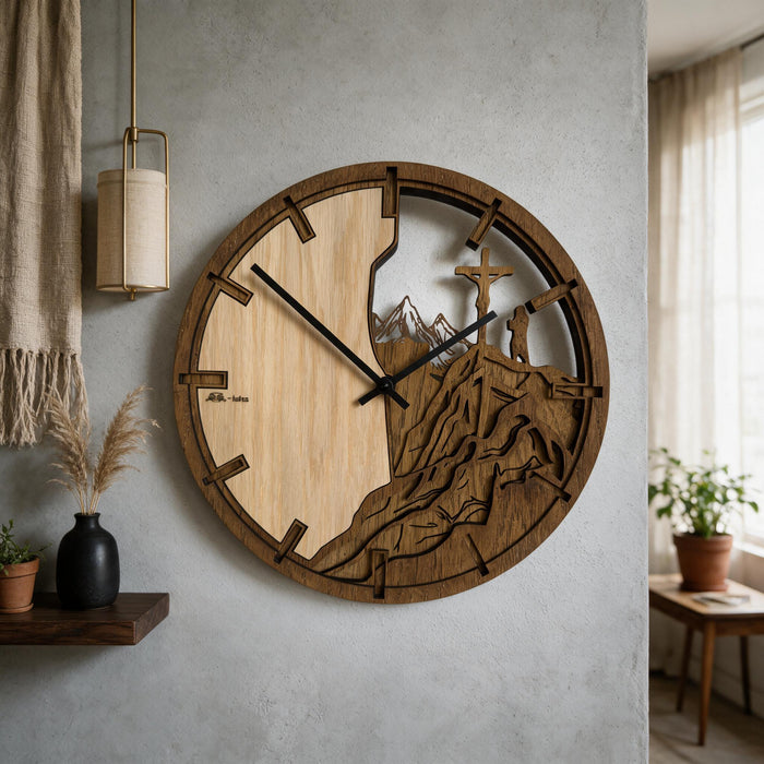 3D Dřevěné dubové hodiny - Kříž a hory Atama - 30cm/50cm/84cm
