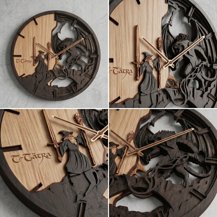 3D Dřevěné dubové hodiny - LOTR Gandalf a Balrog - 30cm/50cm/84cm