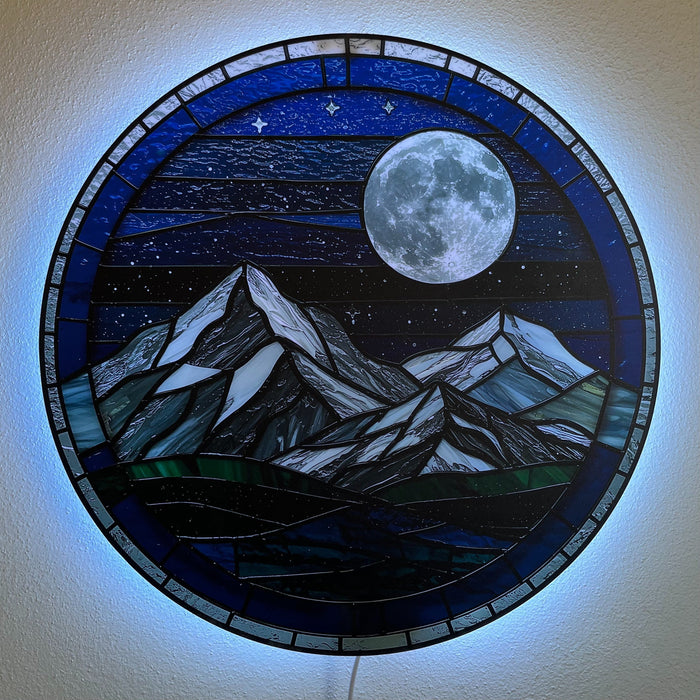 Svítícií obraz - Mountain Moon - stylizovaný ze skla